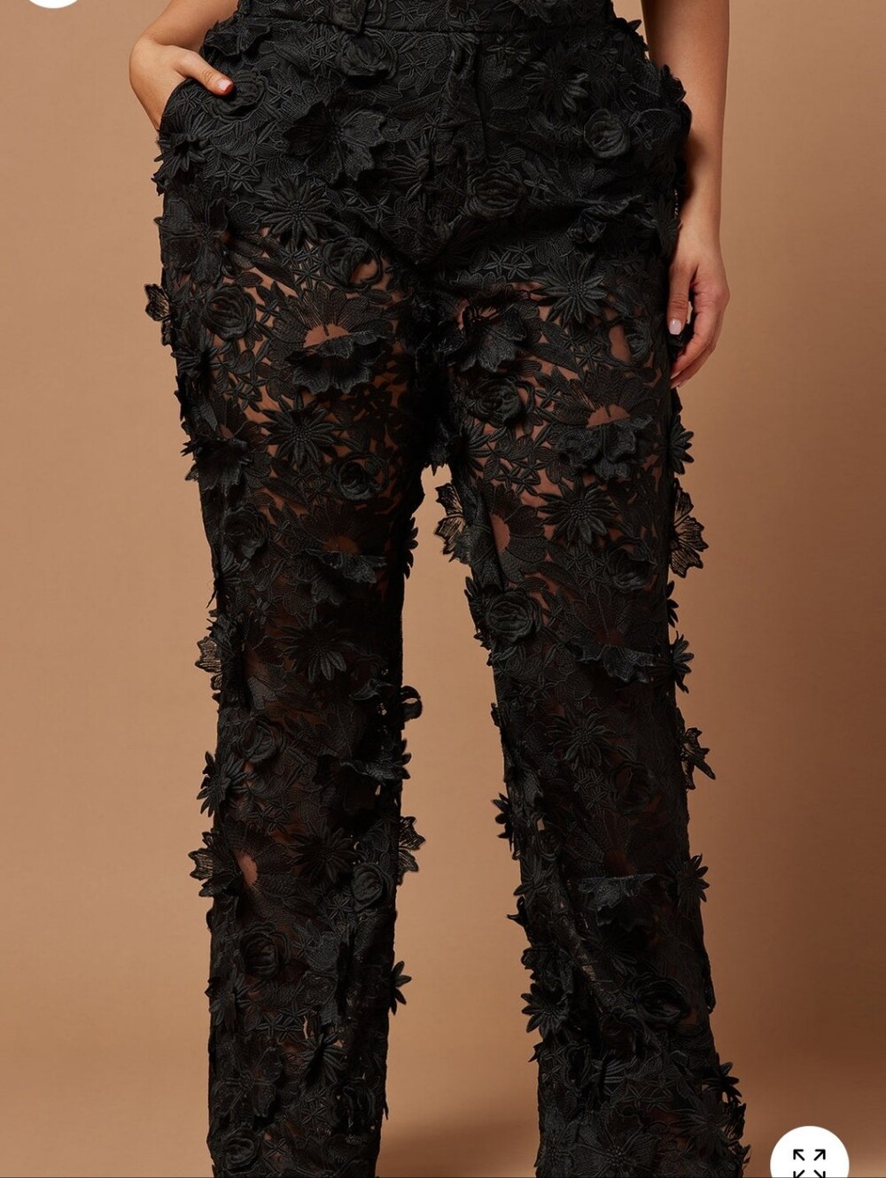 Black Floral Appliqué Sheer Wide-Leg Pants ONLY